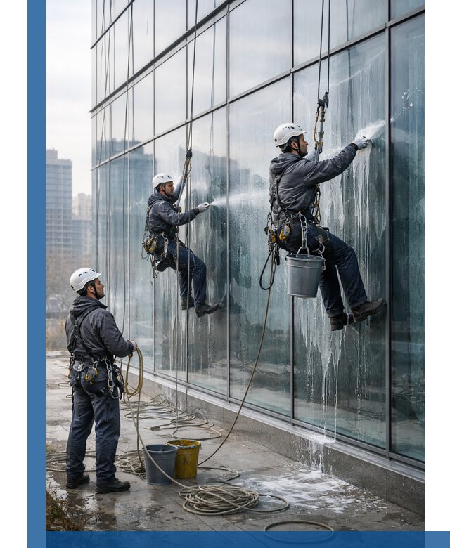 Промышленная мойка панорамных окон на высоте в Казани