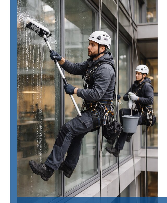 Профессиональная мойка витражей промышленными альпинистами в Казани