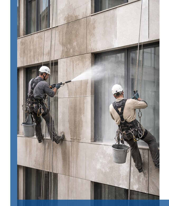 Послестроительная мойка фасада промышленным альпинизмом в Казани