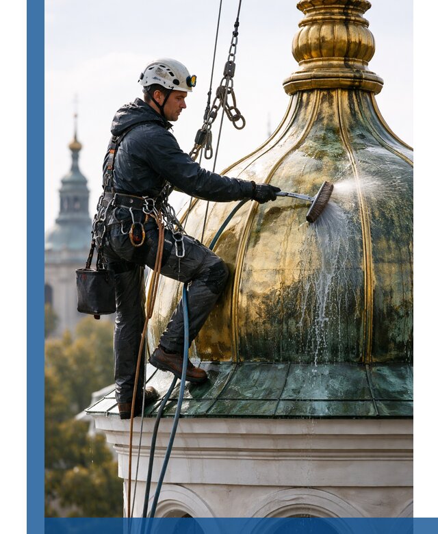 Профессиональная мойка куполов и шпилей высотными альпинистами в Казани