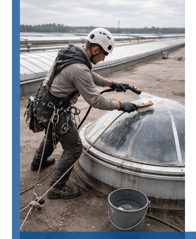 Мойка зенитных фонарей на кровле для промышленных объектов в Казани