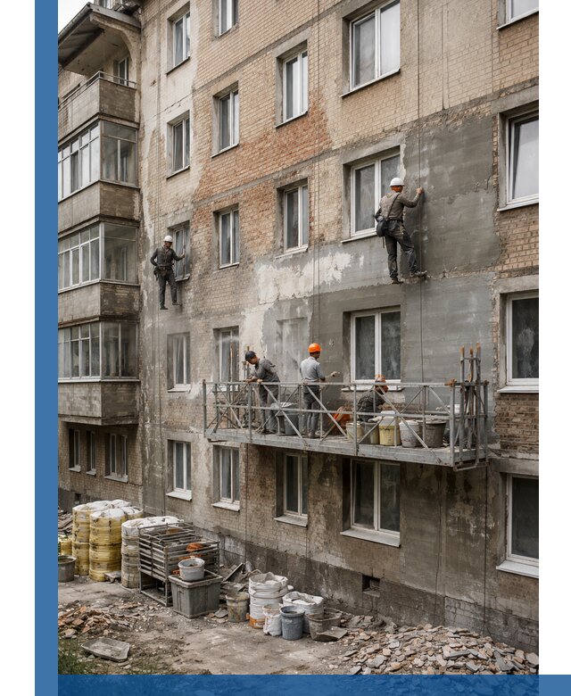 Капитальный ремонт фасада в Казани с восстановлением и гидроизоляцией