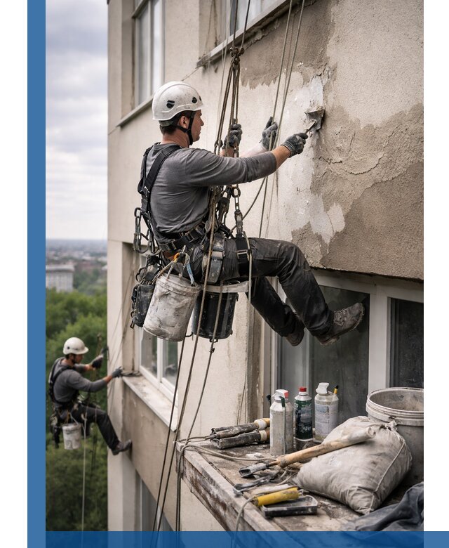 Косметический ремонт фасада зданий в Казани промышленными альпинистами