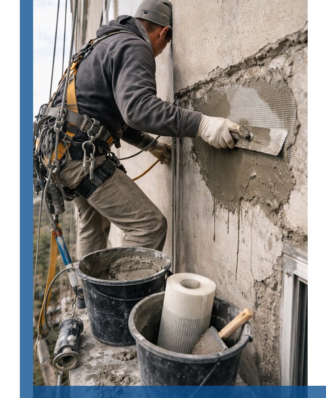 Ремонт бетонных элементов фасада промышленными альпинистами в Казани