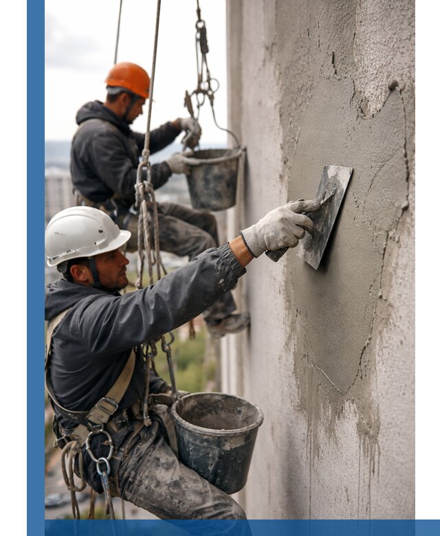 Штукатурка фасада на высоте в Казани профессиональные работы