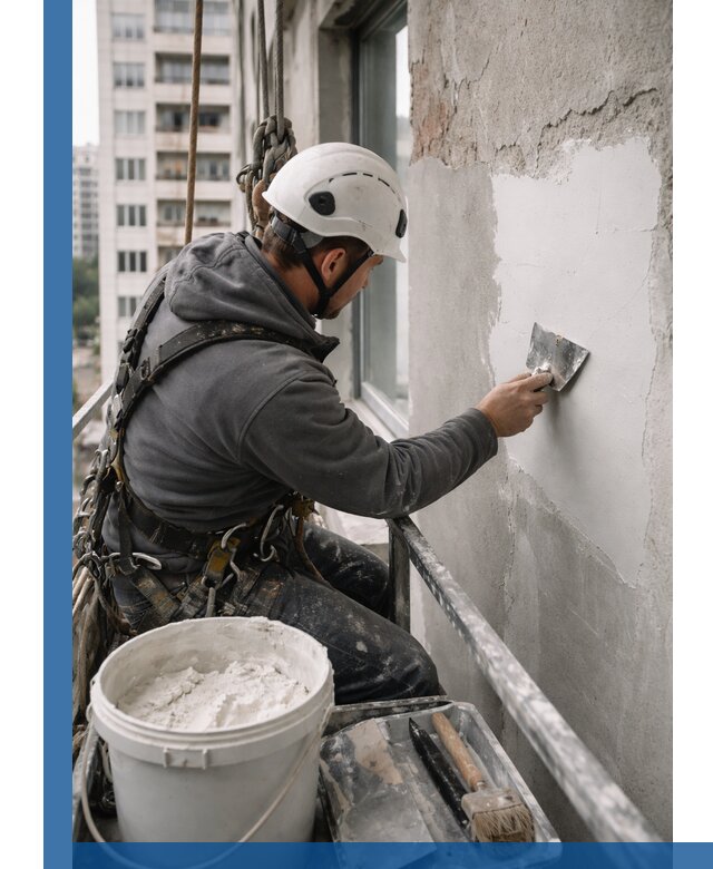 Шпаклевка фасадов на высоте с промальпинистами в Казани