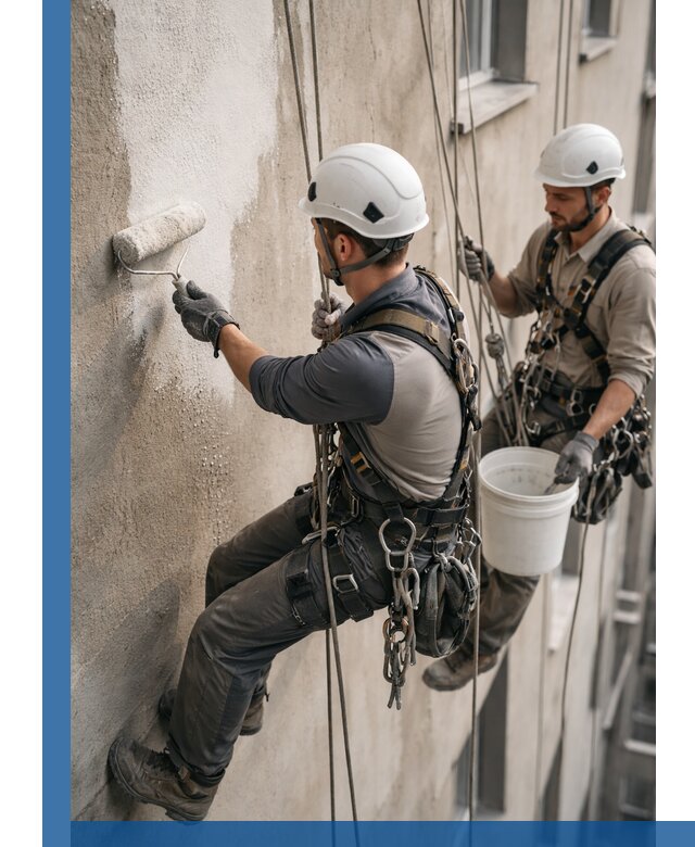 Грунтовка фасада на высоте в Казани промышленными альпинистами