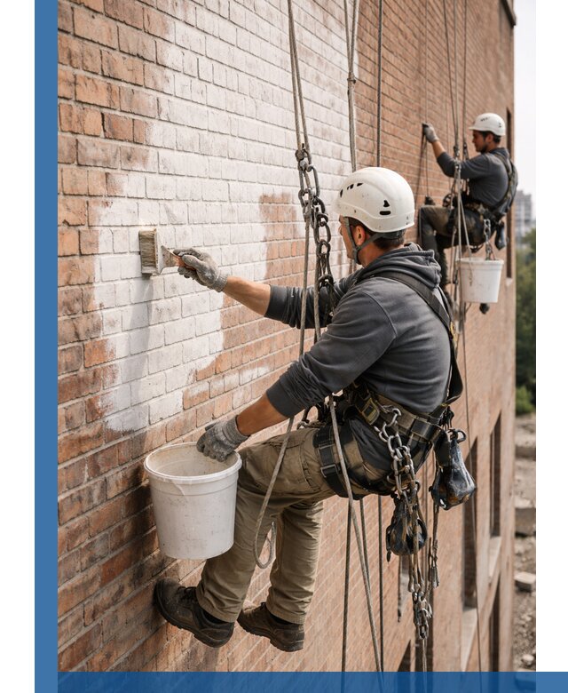 Покраска кирпичного фасада с доступным альпинистским сервисом в Казани