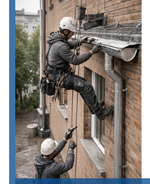 Монтаж водосточной системы на здании в Казани под ключ