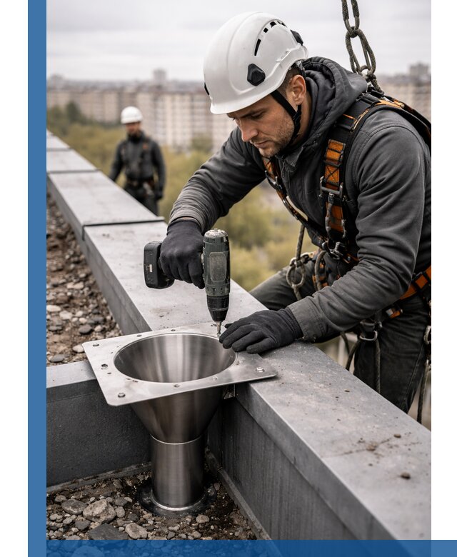 Монтаж водосточных воронок в Казани для промышленных зданий