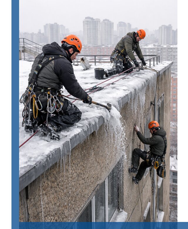 Удаление наледи с кровли в Казани промышленными альпинистами