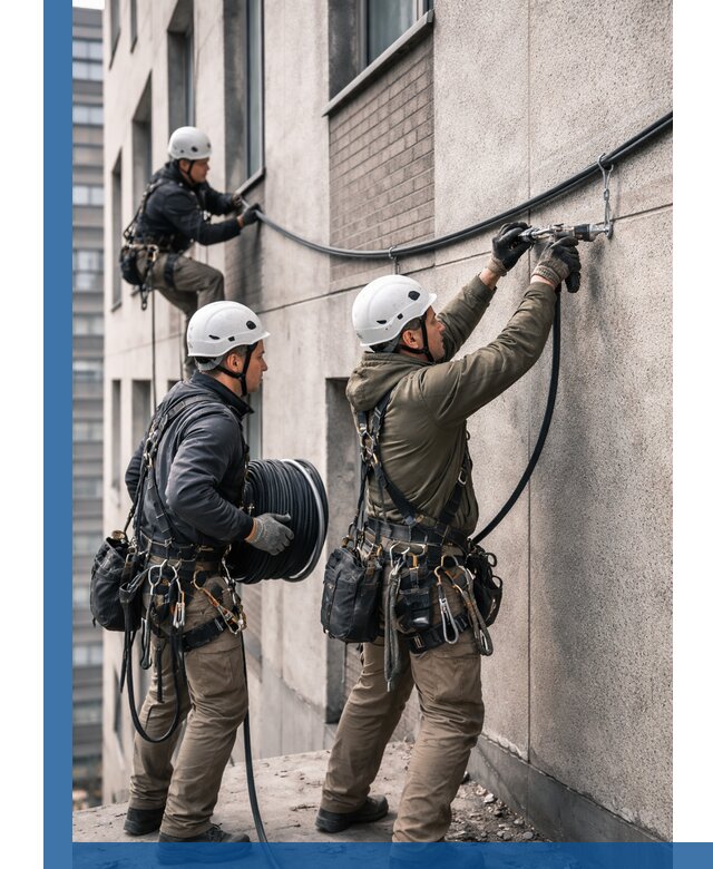 Прокладка кабеля по фасаду в Казани, профессиональный монтаж