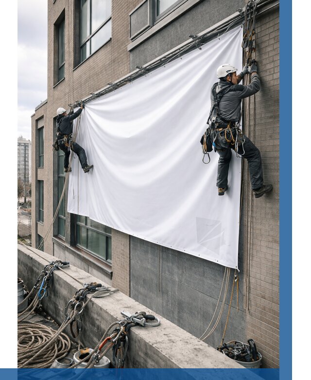 Монтаж баннеров на фасаде в Казани от 690 р. заказать ВЫСОТНИК-Кзн