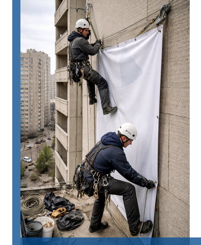 Профессиональный монтаж баннеров на фасаде в Казани