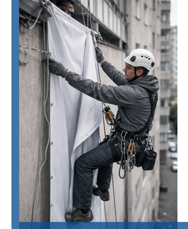 Замена баннерного полотна промышленными альпинистами в Казани