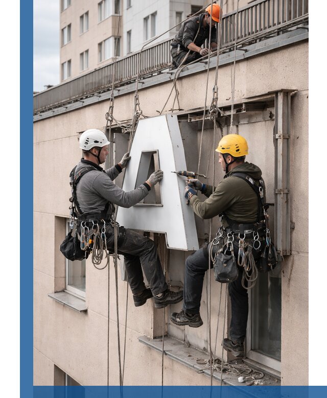 Ремонт и восстановление наружных вывесок на высоте в Казани