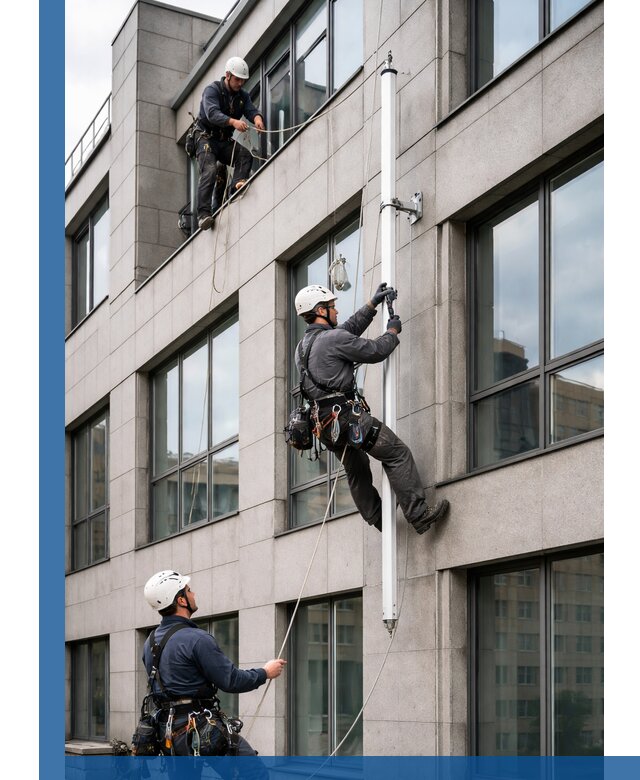 Монтаж флагштока на фасаде здания с креплением и герметикой в Казани