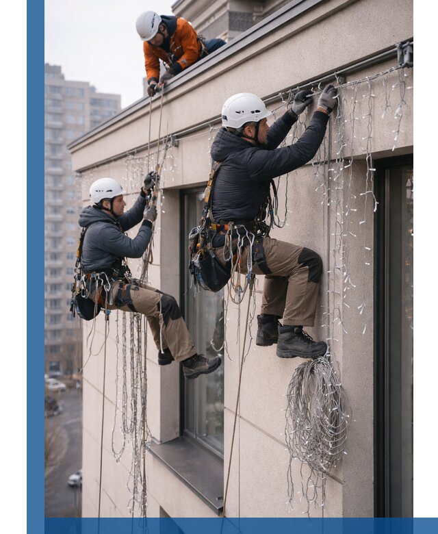 Монтаж праздничных гирлянд на фасаде в Казани для зданий