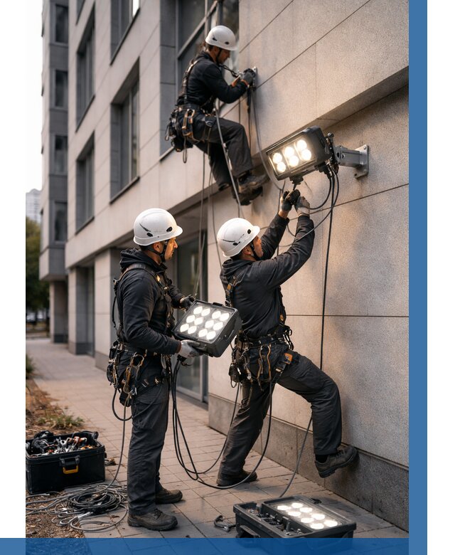 Монтаж прожекторов на фасаде в Казани от 7963 р. | ВЫСОТНИК-Кзн