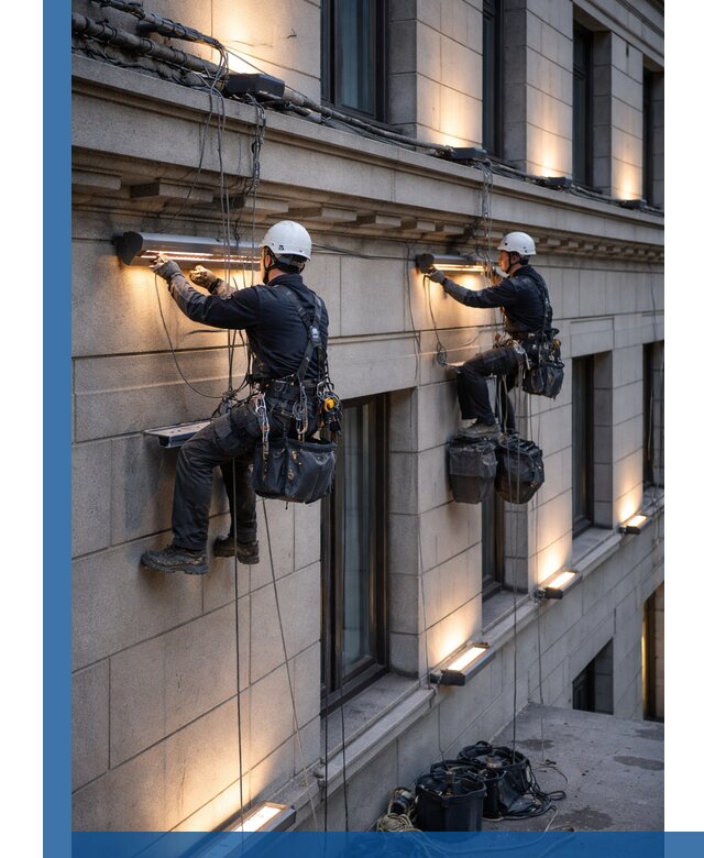 Монтаж архитектурной подсветки фасадов зданий в Казани