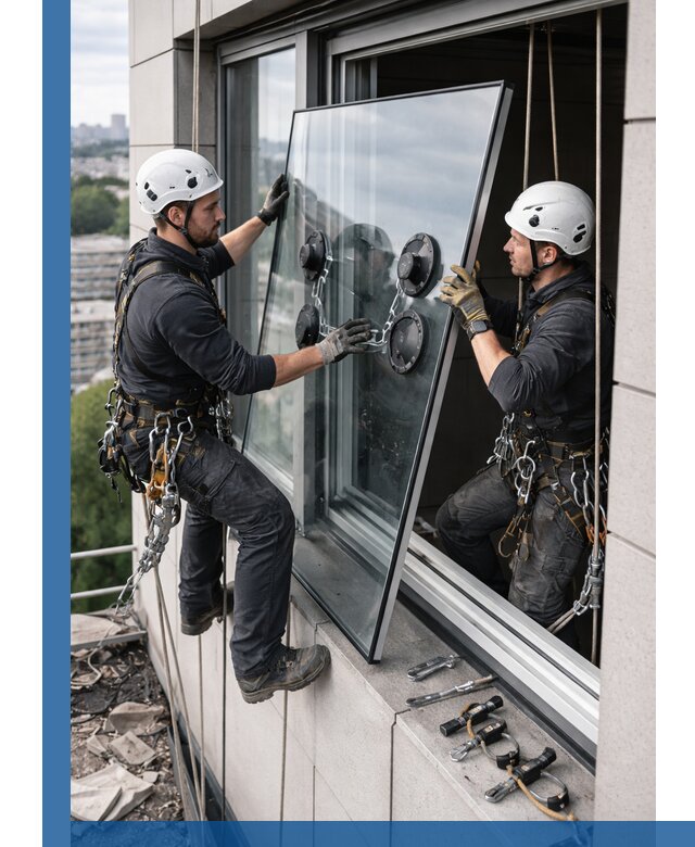 Замена стеклопакетов на высоте с промышленными альпинистами в Казани