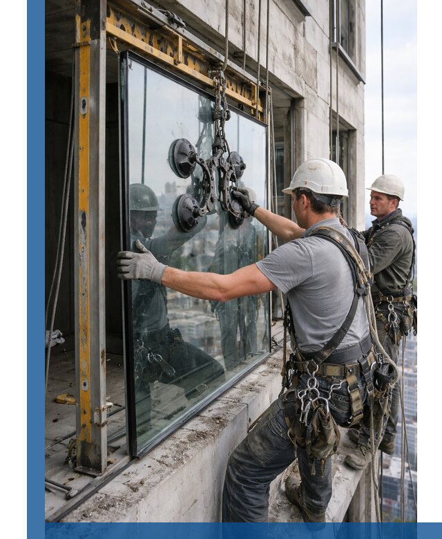 Монтаж стеклопакетов на высоте в Казани с промышленным альпинизмом