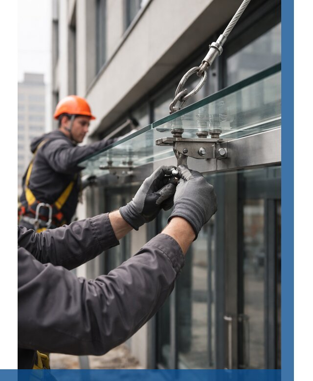 Монтаж стеклянных козырьков в Казани от 9024 р. | ВЫСОТНИК-Кзн