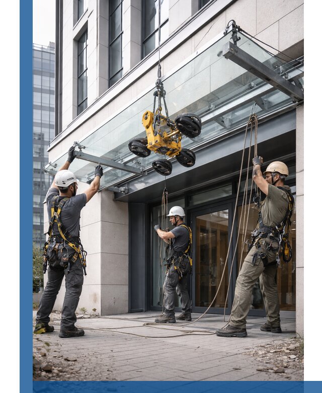 Монтаж стеклянных козырьков под ключ в Казани для зданий