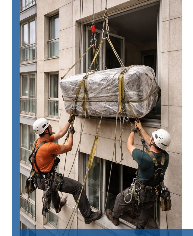 Подъем грузов через окно в Казани промышленными альпинистами